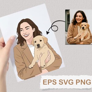 Peut inclure: Illustration numérique d'une femme tenant un chiot Labrador doré. La femme porte un blazer beige et une chemise blanche. L'image comprend une petite photo de la femme et du chiot. Le texte en bas indique "EPS SVG PNG."