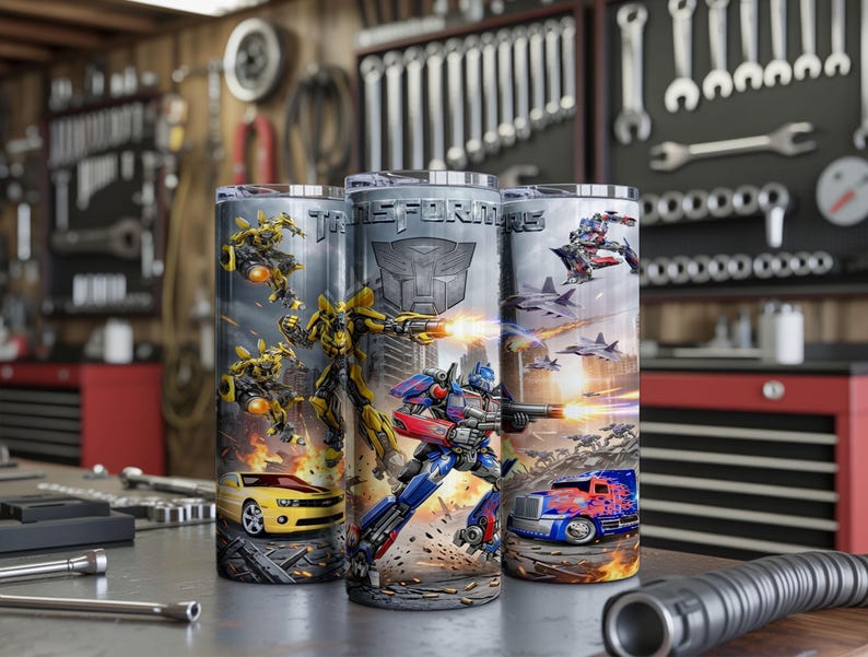 May include: Three cylindrical tumblers featuring Transformers graphics, including Bumblebee in yellow car and robot forms, Optimus Prime in blue truck and robot forms, the Autobot logo, and the Transformers text logo against a battle-themed background.