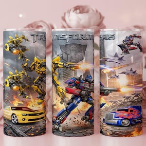 Transformers 20oz Tumbler Wrap PNG | Optimus Prime Bumblebee Sublimation Design | Robot Action Cup Download image 3