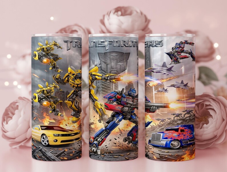 Transformers 20oz Tumbler Wrap PNG | Optimus Prime Bumblebee Sublimation Design | Robot Action Cup Download image 3
