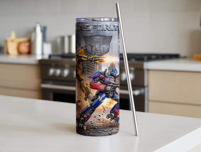 May include: A cylindrical stainless steel tumbler featuring a Transformers graphic with Optimus Prime and Bumblebee in action, the text TRANSFORMERS, and an Autobot logo. The tumbler includes a clear lid and a tall, thin silver metal straw.