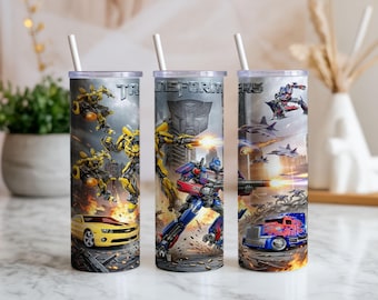 Transformers 20oz Tumbler Wrap PNG | Optimus Prime Bumblebee Sublimation Design | Robot Action Cup Download