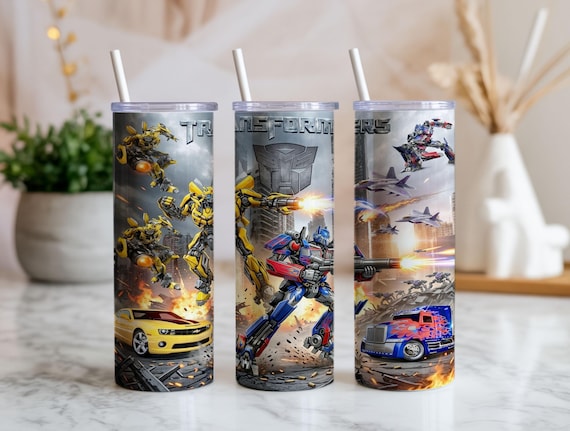 Transformers 20oz Tumbler Wrap PNG | Optimus Prime Bumblebee Sublimation Design | Robot Action Cup Download