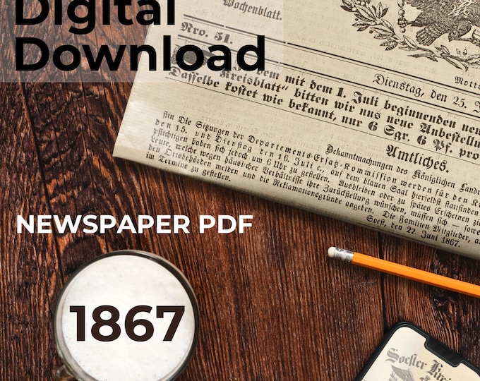 Featured listing image: 1867 Prussian Newspaper PDF Bundle | Soester Kreisblatt | 16 High-Resolution Scans | Antique German Press | Genealogy Research Archive