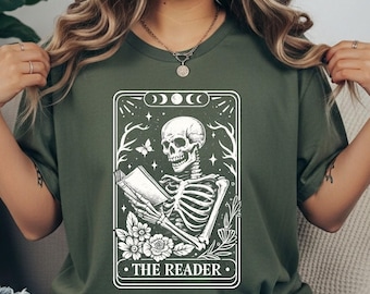 Comfort Colors Skeleton Reader T-shirt, Tarot Cart Skeleton Shirt, Book Lover Shirt, Gothic Reader Tee, Dark Academia Shirt, Skull Tee