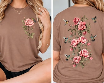 Comfort Colors Rose & Hummingbird T-Shirt, Vintage Floral Tee