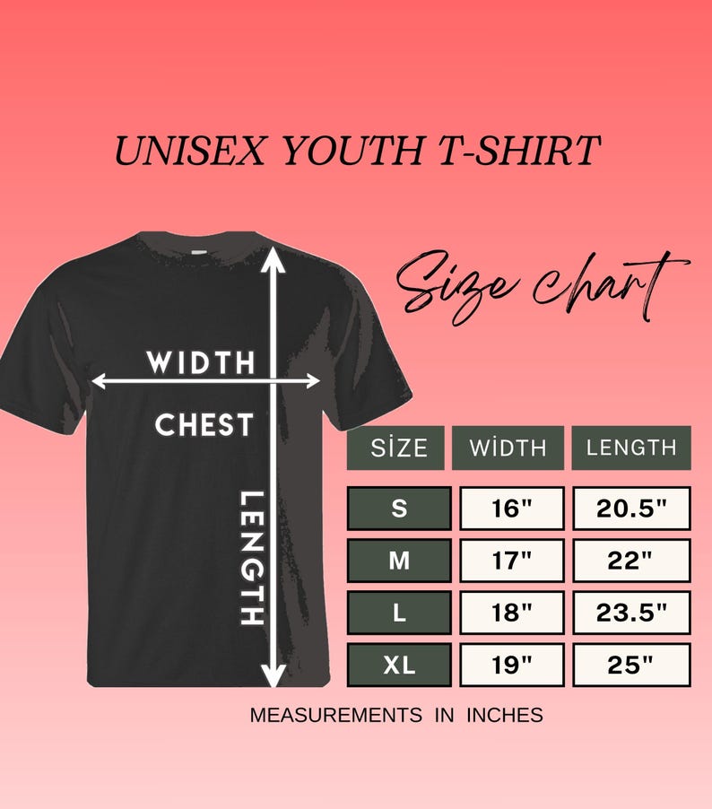 May include: Black unisex youth t-shirt with a size chart. The chart shows measurements in inches for width and length, ranging from size S to XL. The text "UNISEX YOUTH T-SHIRT" is at the top.