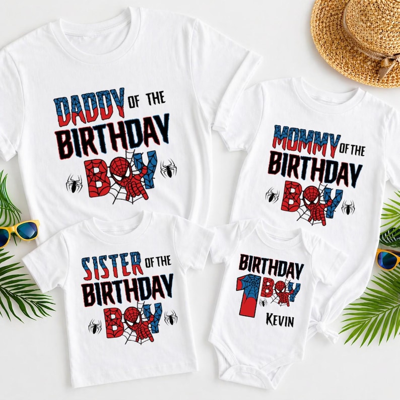 May include: White t-shirts and a onesie with a Spider-Man theme. The shirts read "Daddy of the Birthday Boy", "Mommy of the Birthday Boy", and "Sister of the Birthday Boy". The onesie says "Birthday Boy" and "Kevin".