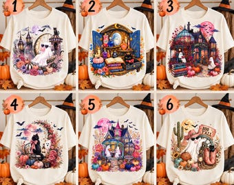 May include: A collection of six off-white t-shirts, each featuring a unique Halloween-themed graphic print. Designs include ghosts, black cats, pumpkins, floral arrangements, haunted houses, and a ghost wearing a cowboy hat with the text BOO Y'ALL.