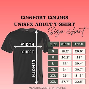 May include: A black t-shirt size chart with a pink gradient background. The graphic displays a t-shirt outline with width and length arrows, and a table listing sizes S through 3XL with corresponding measurements in inches for width and length.