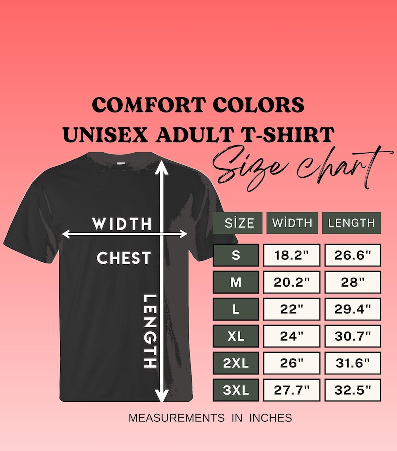 May include: A black t-shirt size chart with a pink gradient background. The graphic displays a t-shirt outline with width and length arrows, and a table listing sizes S through 3XL with corresponding measurements in inches for width and length.