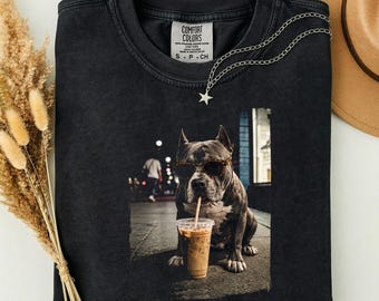 Comfort Colors Pitbull Iced Coffee Shirt, Funny Dog Coffee T shirt, Trendy Aesthetic Dog Shirt, Animal Lovers Shirt, Dog Lovers Tee