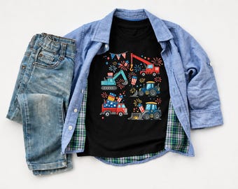 4th of July Toddler Shirt, Patriotic Truck Shirt, Boys Construction Tee, Fireworks Excavator Shirt, Independence Day Shirt