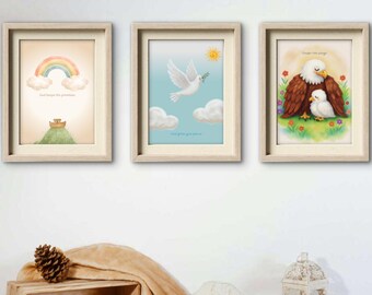 Christian Nursery Wall Art Printable Set of 3 | Rainbow Dove Eagle | Bible Inspired Kids Prints