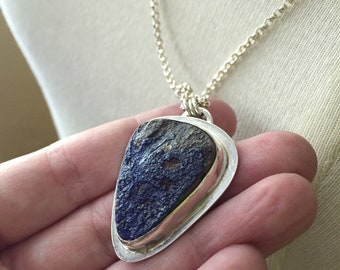 Azurite Druzy Specimen Pendant Sterling Silver Rolo Chain Necklace