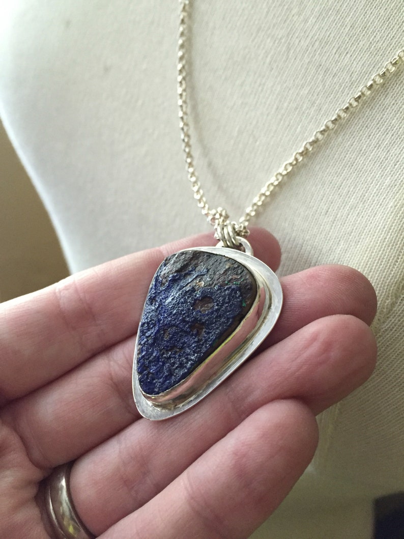 Azurite Druzy Specimen Pendant Sterling Silver Rolo Chain Necklace image 1