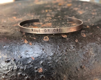 Ride or Die Hand Stamped Oxidized Sterling Silver Cuff Bracelet