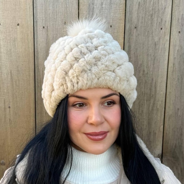 Soft Rex Rabbit Fur Hat with Small Fox Pom Pom, Warm Winter Women's Beanie
