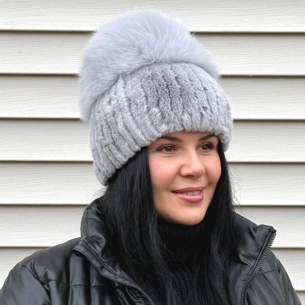 Elegant Rex Rabbit Knit Fur Hat with Voluminous Fox Fur Crown
