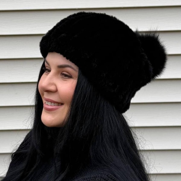 Black Rex Rabbit Slouchy Hat, Winter Fur Hat with Pom-Pom