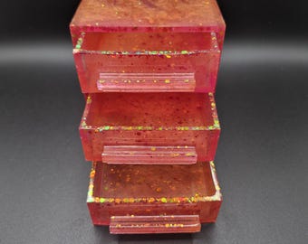 Handmade Pink Glitter Resin Jewelry Drawer Organizer | 3-Tier Resin Storage Box | Sparkly Trinket Holder