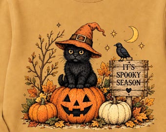Comfort Colors® Halloween Black Cat Tee, Black Cat in Witch Hat Sweatshirt, Spooky Season Jack O Lantern Shirt