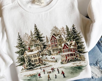 Vintage Snowy Mountain Christmas Village Tee, Cozy Winter Cabin Gift