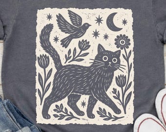 Retro Cat Stamping Shirt, Funny Trendy Cat T-shirt, Cute Cat Birds Tee, Celestial Cat Women Tee, Inspiritual Kitty Tshirt