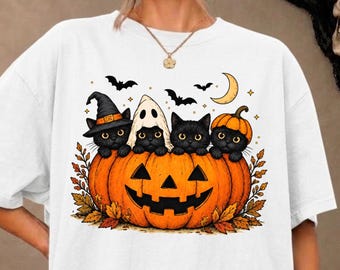 Comfort Colors® Halloween Cats Tee, Black Cats in Costumes Sweatshirt, Trick or Treat Pumpkin Shirt, Spooky Kitty T-Shirt