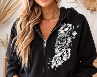 Unique Owl Hoodie, Full Zip Owl Hoodie, Flowers Owl Hoodie, Boho Owl Hoodie, Nature Aesthetic Hoodie, Mystical Owl Hoodie