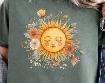 Camiseta Boho Spiritual Sun, camiseta gráfica Floral Sun Comfort Colors, camiseta Celestial para mujer, camiseta Mystic Sun Comfort Colors® Wildflowers