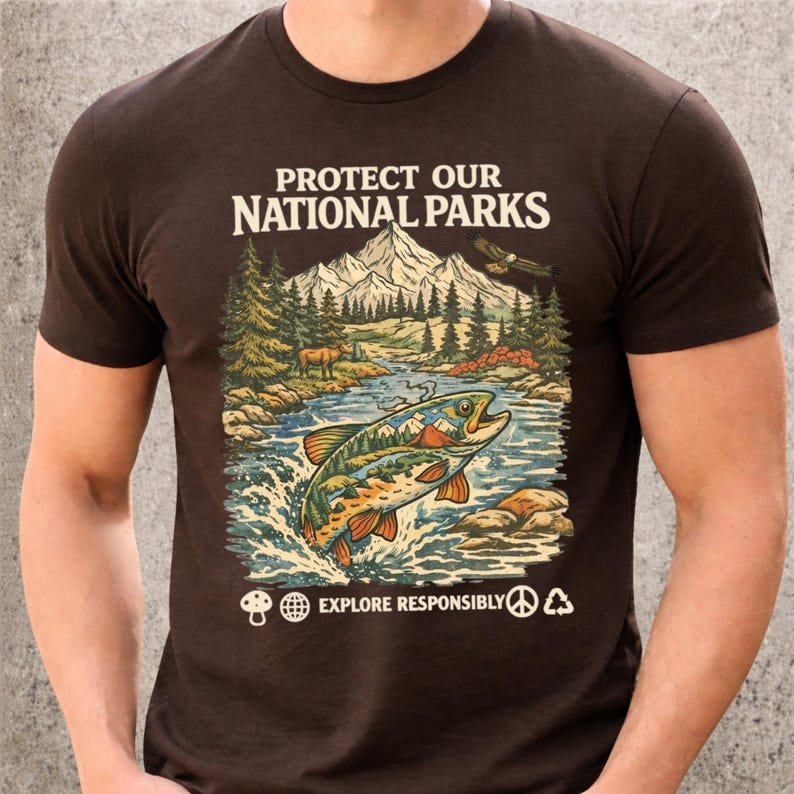 May include: A dark brown short-sleeve t-shirt featuring a graphic print with the text PROTECT OUR NATIONAL PARKS and EXPLORE RESPONSIBLY. The illustration depicts a mountain landscape, a river, a fish, an eagle, and small icons of a mushroom, globe, peace sign, and recycling symbol.