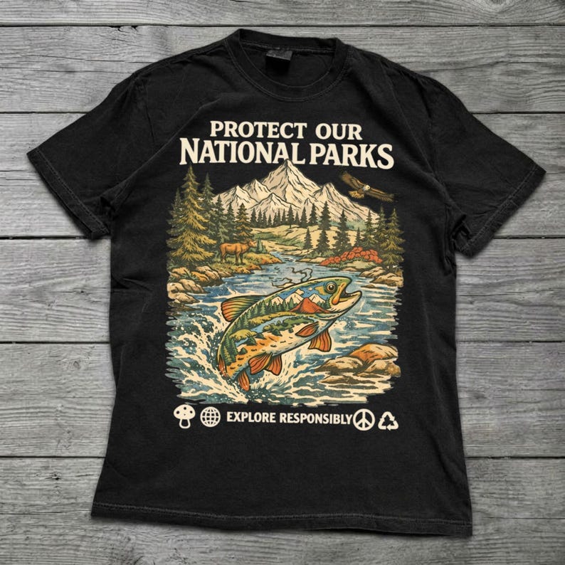 May include: A black short-sleeve t-shirt featuring a graphic print with the text PROTECT OUR NATIONAL PARKS. The design depicts a mountain landscape, a forest, an eagle, and a large fish jumping out of water, with EXPLORE RESPONSIBLY below.