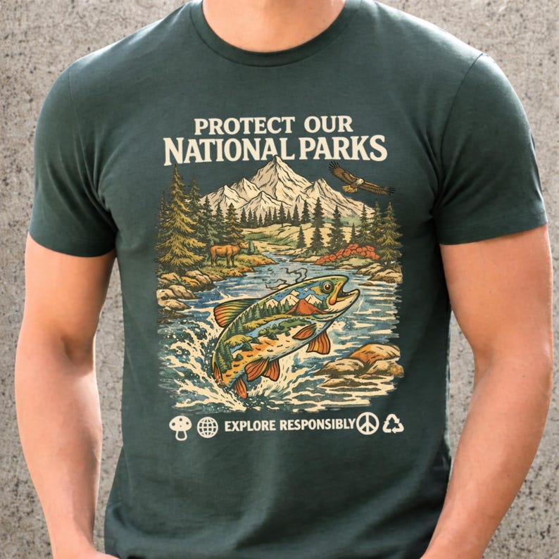 May include: A dark green short-sleeve t-shirt featuring a graphic of a mountain landscape, a river, and a jumping fish. The text reads PROTECT OUR NATIONAL PARKS and EXPLORE RESPONSIBLY, accompanied by icons of a mushroom, globe, peace sign, and recycle symbol.