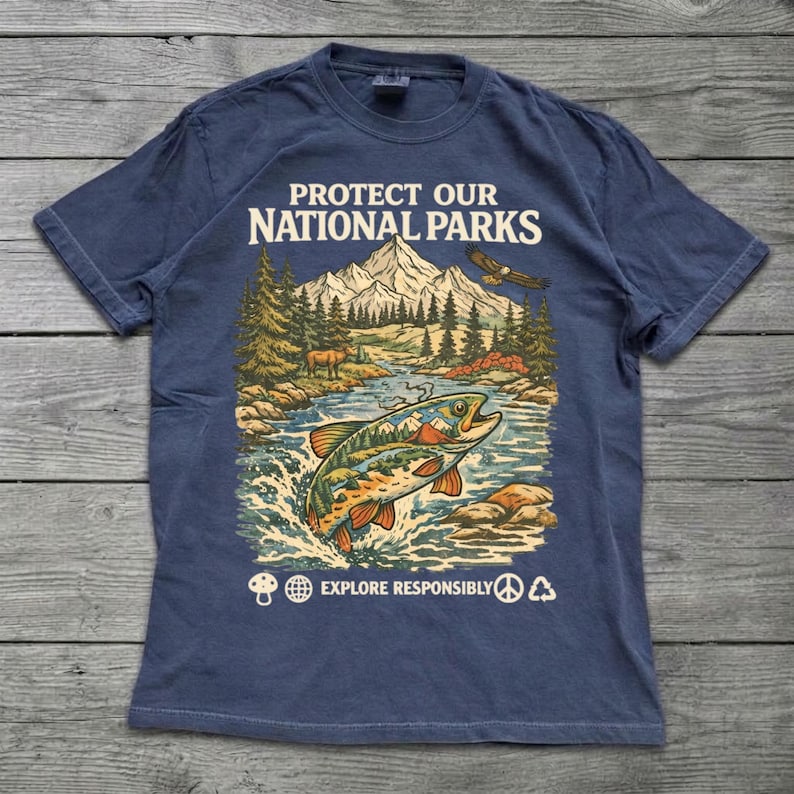 May include: A navy blue short-sleeve t-shirt featuring a graphic print of a mountain landscape, a river, and a fish. The text reads PROTECT OUR NATIONAL PARKS and EXPLORE RESPONSIBLY, accompanied by icons of a mushroom, globe, peace sign, and recycle symbol.