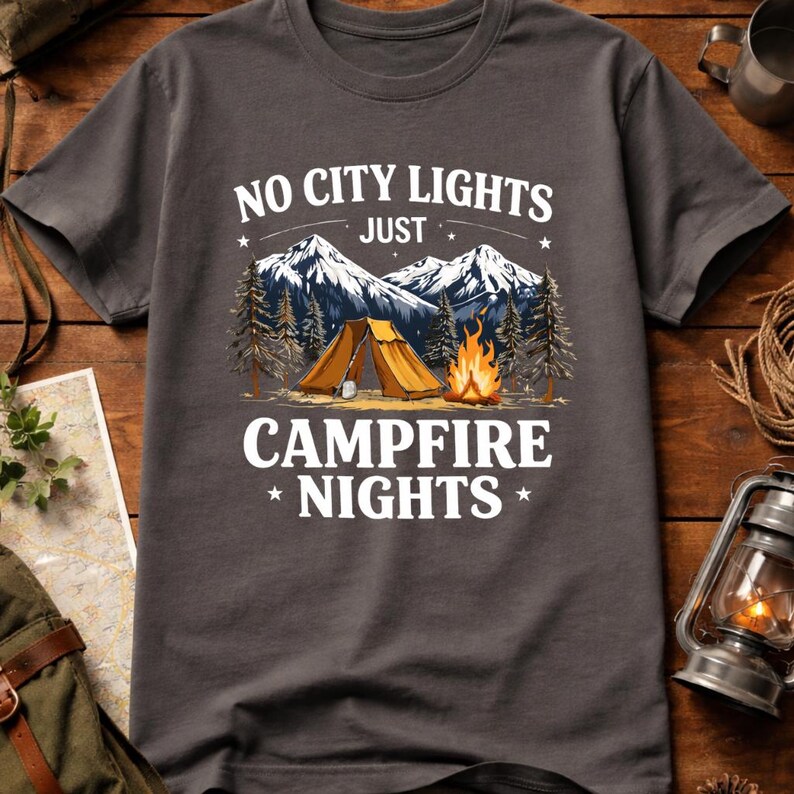 May include: Dark gray t-shirt with a camping graphic. The design features a tent, campfire, and mountains, with the text "NO CITY LIGHTS JUST CAMPFIRE NIGHTS". The shirt is made of a soft material and is suitable for outdoor enthusiasts.