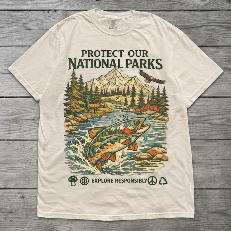 May include: A cream-colored short-sleeve t-shirt featuring a graphic print with the text "PROTECT OUR NATIONAL PARKS" and "EXPLORE RESPONSIBLY". The illustration depicts a jumping fish, mountains, pine trees, an elk, and an eagle.