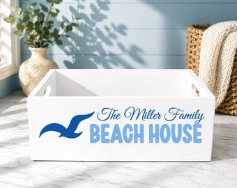 Caja de playa personalizada con asas / Almacenamiento con decoración costera / Regalo para la casa de playa / Caja para artículos esenciales junto a la piscina / La vida es mejor en la playa