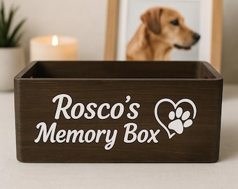 Caja de recuerdos para mascotas: recuerdo de perro o gato con nombre y corazón de pata. Caja de madera personalizada para mascotas.