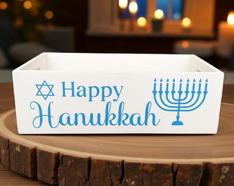 Caja de madera para Janucá – Decoración de Janucá pintada a mano / Caja de regalo navideña azul y blanca / Centro de mesa personalizado para Janucá
