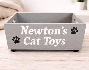Caja de juguetes para gatos personalizada • Almacenamiento de juguetes de madera personalizado para mascotas • Caja de recuerdos pintada a mano • Regalo para amantes de los gatos