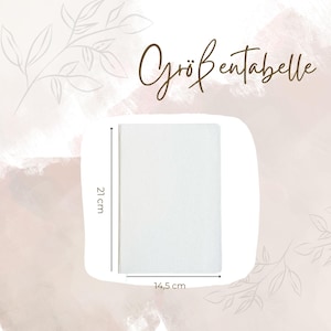 Puede incluir: Un cuaderno blanco con dimensiones en cent&iacute;metros. El cuaderno mide 21 cm de alto y 14,5 cm de ancho (aproximadamente 8,3 pulgadas de alto y 5,7 pulgadas de ancho). El texto "Gr&ouml;&szlig;entabelle" est&aacute; escrito en cursiva.