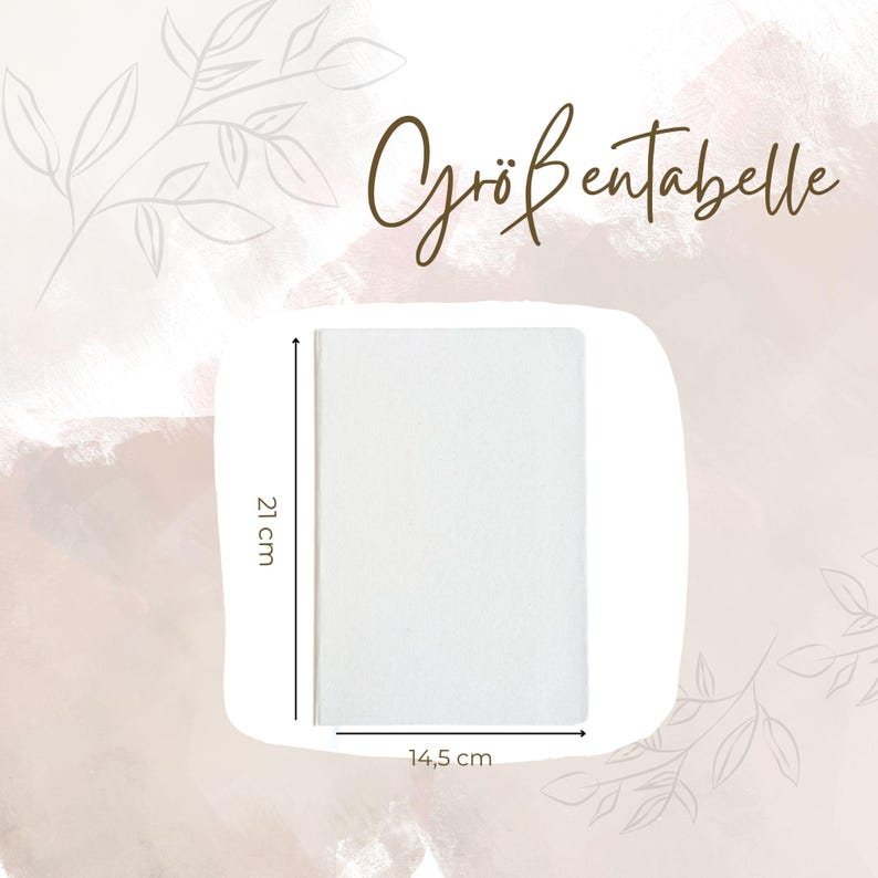 Puede incluir: Un cuaderno blanco con dimensiones en cent&iacute;metros. El cuaderno mide 21 cm de alto y 14,5 cm de ancho (aproximadamente 8,3 pulgadas de alto y 5,7 pulgadas de ancho). El texto "Gr&ouml;&szlig;entabelle" est&aacute; escrito en cursiva.