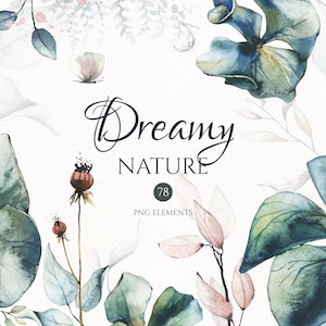 Könnte beinhalten: Aquarell-Illustration mit botanischen Elementen. Das Bild zeigt eine Vielzahl von Blättern und Blumen in Blau-, Grün- und Rosatönen, mit dem Text "Dreamy Nature" und "78 PNG Elements". Die Gesamtästhetik ist weich und künstlerisch.