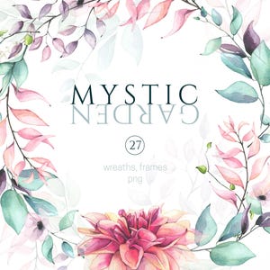 Puede incluir: Diseño de corona floral en acuarela con el texto "MYSTIC GARDEN" y el número "27". La corona presenta hojas rosas, moradas y verdes y una gran flor rosa en la parte inferior. También se incluyen las palabras "wreaths, frames, png".