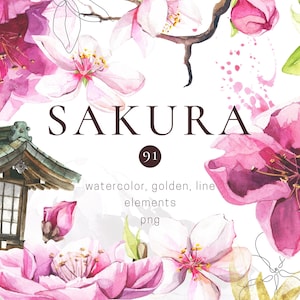 May include: A watercolour illustration of pink Sakura blossoms, green leaves, and a Japanese lantern. The word "SAKURA" is displayed in a dark brown font, with the number "91" in a circle. The image also includes the text "watercolor, golden, line elements png."