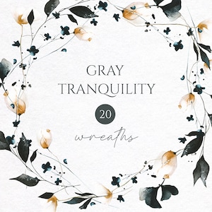 Puede incluir: Diseño de corona floral en acuarela con el texto "GRAY TRANQUILITY" y "20 wreaths". Las coronas presentan hojas de color gris oscuro, pequeñas flores azules y acentos de color naranja claro. El diseño está sobre un fondo blanco texturizado.