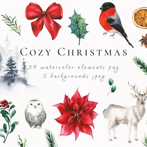 May include: Watercolor illustrations of Christmas elements, including a red bow, bird, holly, poinsettia, deer, and text that reads "Cozy Christmas". The image also includes sprigs of greenery and a candy cane.