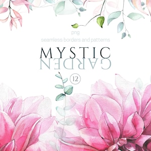 May include: Watercolor floral design featuring pink dahlias and delicate greenery. The image includes the text "MYSTIC GARDEN" and "seamless borders and patterns". A soft, romantic aesthetic perfect for digital art or print projects.