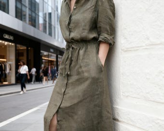 Vintage Linen Maxi Dress for Women, Long Sleeve Linen Clothing With Belt #1001